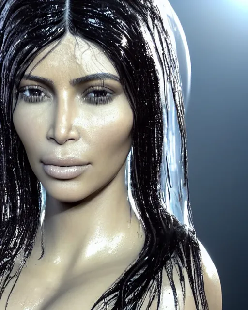 Image similar to epic still of kim kardashian trapped in a transparent alien liquid, wet flowing hair, gooey skin, illustration, unreal engine 5, 8 k, made by h. r. giger.