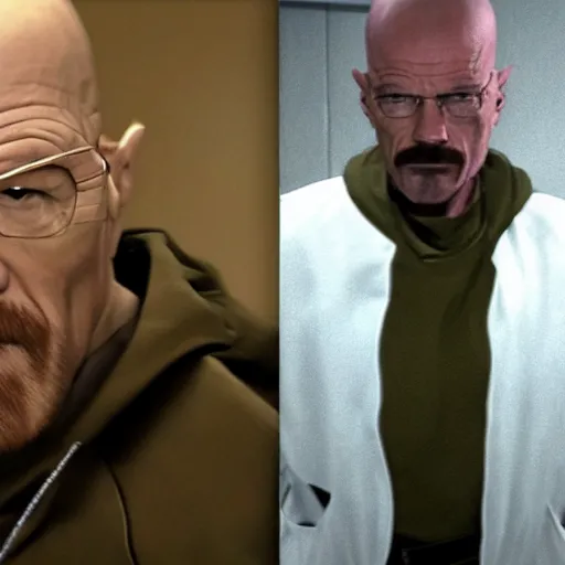 Prompt: walter white wearing the half life 2 HEV suit