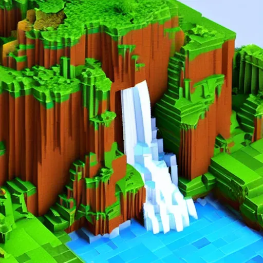 Image similar to a beautiful waterfall, 3 d voxel art