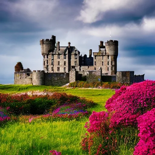 Prompt: a lovely scottish castle in a wide field, surrounded by flowers warm lighting