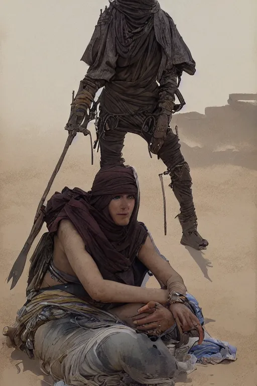 Image similar to a full body portrait of a beautiful post apocalyptic offworld desert bedouin blind barbarian leper laying by the roadside, begging, intricate, elegant, highly detailed, digital painting, artstation, concept art, smooth, sharp focus, illustration, art by krenz cushart and artem demura and alphonse mucha