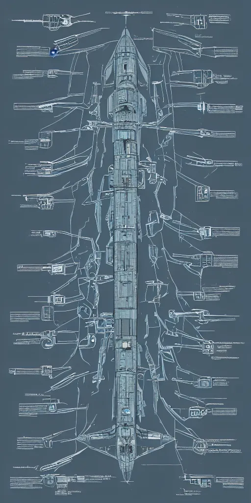 Image similar to detailed infographic blueprint of a spaceship in the style of eve online