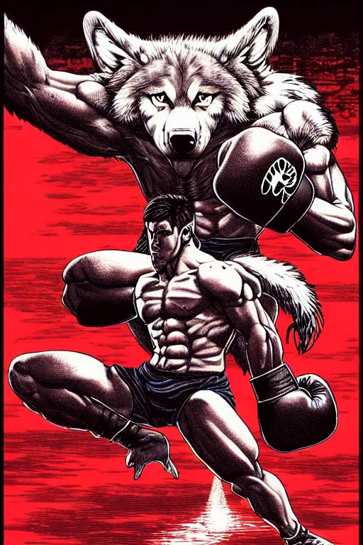 Image similar to extreme long shot. 8 bit nes graphics. antropomorphic muscular masculine wolf. kickboxer fighter, in shorts. wolf head. fine details, very sharp, art from nes game cartridge, vhs, vaporwave, marc simonetti and hermann nitsch