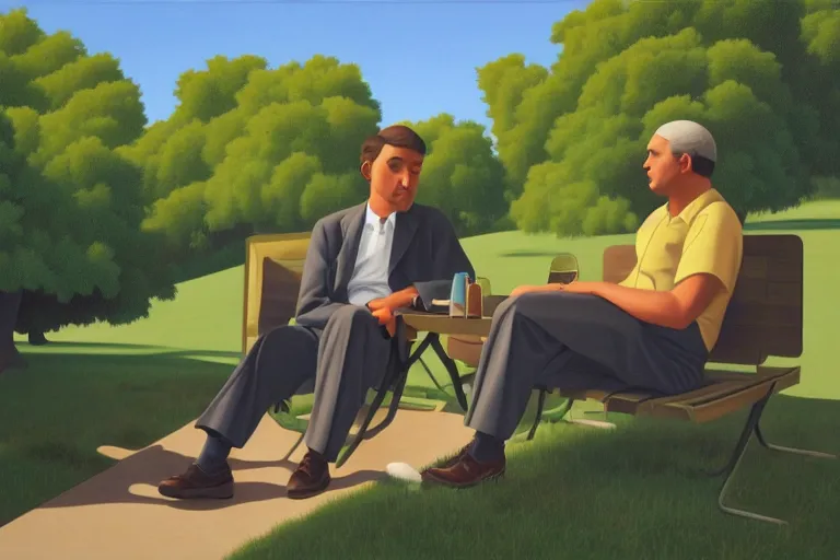 Prompt: two men talking, summer afternoon, kenton nelson