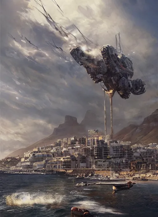 Prompt: hyper realistic robot attacking cape town city harbor beautiful details, strong composition, poster painted by weta studio rutkowski, james gurney and greg rutkowski, and lucasfilm