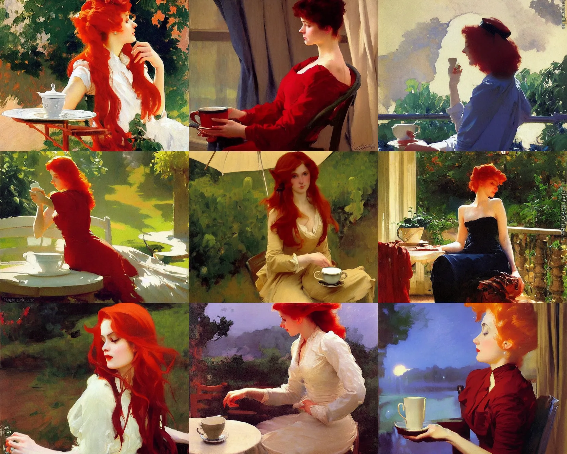 Prompt: painting by sargent and leyendecker and greg hildebrandt savrasov levitan woman with red hair drinking tea rainy day outdoor at night moonlight without sunlight fantasy