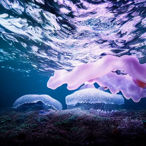 Prompt: ocean floor, jelly fish, landscape, night, glow in dark, by wlop, cinematic, wildlife photography, dark