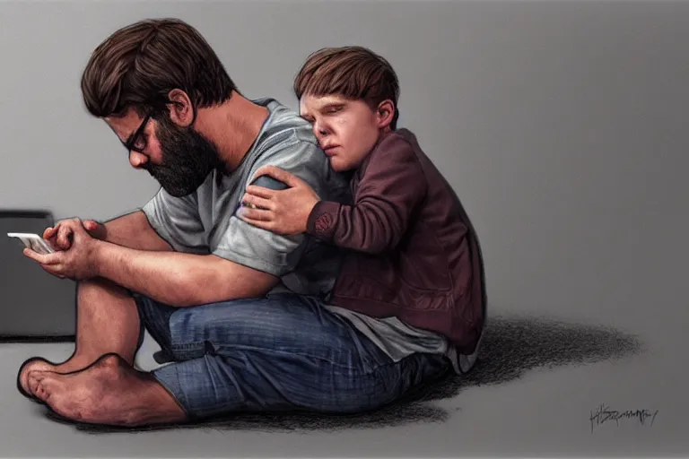 Prompt: hangover man sitting with laptop and sad crying kid staying near the man. high detail, artgerm