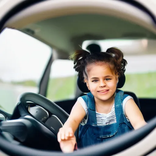 Image similar to small girl sitting on the wheel in the car and driving