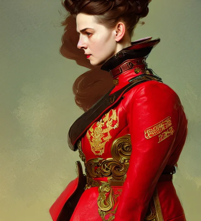 Image similar to portrait of a russian woman wearing a red traditional nineteenth century military jacket, metal shoulder pauldrons, intricate, highly detailed, digital painting, artstation, concept art, sharp focus, cinematic lighting, illustration, art by artgerm and greg rutkowski, alphonse mucha, cgsociety