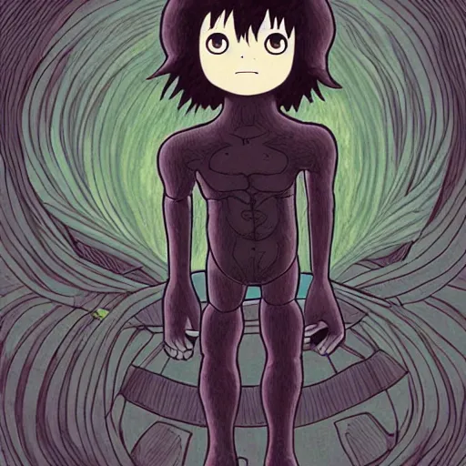 Image similar to a dark humanoid, hyper detailed, in the style of studio ghibli and and studio ghibli and studio ghibli, selfie