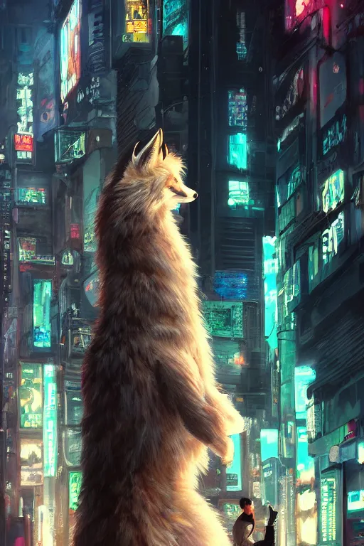 Image similar to beautiful portrait of a tall white female anthro fox smoking a cigarette towering head and shoulders above the bustling crowd of a rainy city street around her, cyberpunk clothes, cyberpunk, harsh neon lights, highly detailed, sharp focus, digital painting, illustration, trending on artstation, art by sakimichan, wlop, greg rutkowski