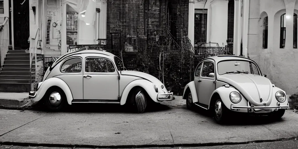 Prompt: A photo of a VW Beetle parked on the street in Brooklyn NY in front of a brownstone, taken with a Pentax K1000, lens flare ,movie poster