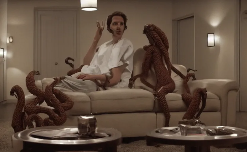 Image similar to an ocotopus waiting on the couch for the psychiatrist to come in, still from the movie her