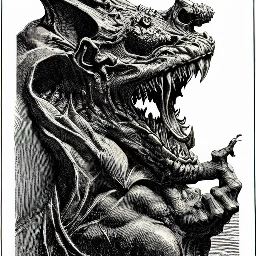 Prompt: gargoyle portrait soft light, by bernie wrightson and joe fenton, inspired victorian, etching, fine, sharp high detail, duotone screen print,