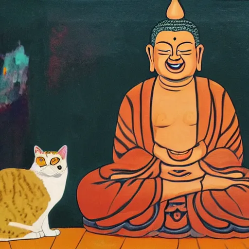 Image similar to painting of the - laughing - buddha with cat