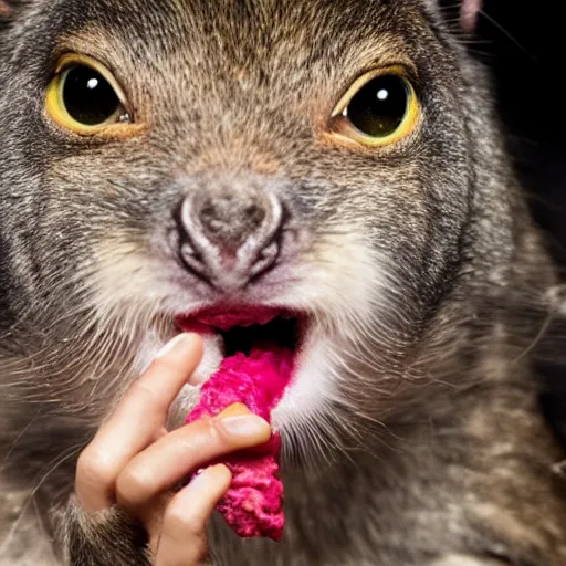 Prompt: national geographic photo of a supermodel eating a live rat in her mouth.