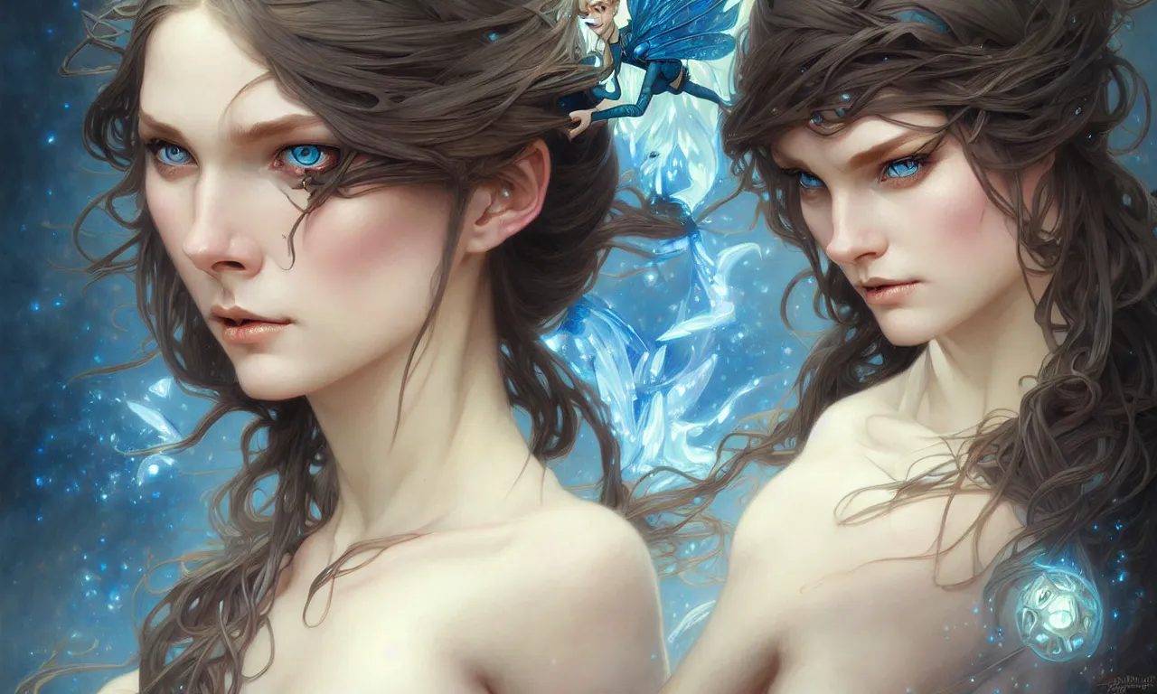 Image similar to Portrait of fairy woman, D&D, blue eyes, face, fantasy, intricate, elegant, highly detailed, digital painting, artstation, concept art, smooth, sharp focus, illustration, art by artgerm and greg rutkowski and alphonse mucha