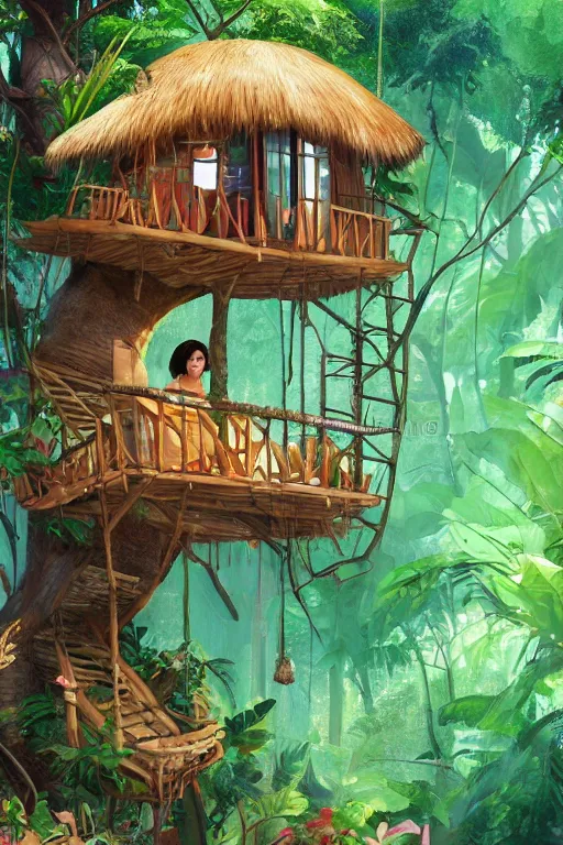 Prompt: a tree house in the jungle, a lady is making food, by alba ballesta gonzalez. 4 k wallpaper, digital 2 d, illustration.