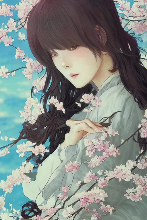 Prompt: anime cottagecore BTS k-pop band, phone wallpaper. intricate, elegant. the background is cherry blossoms !. highly detailed, digital painting, artstation, concept art, smooth, sharp, focus, illustration. . art by artgerm and greg rutkowski and alphonse mucha, in the style of japanese manga