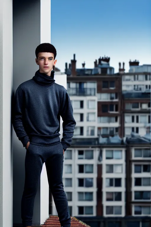 Image similar to un ultra high definition studio quality photographic art portrait of a young man standing on the rooftop of a british apartment building wearing soft padded silver pearlescent clothing. three point light. extremely detailed. golden ratio, ray tracing, volumetric light, shallow depth of field. set dressed.