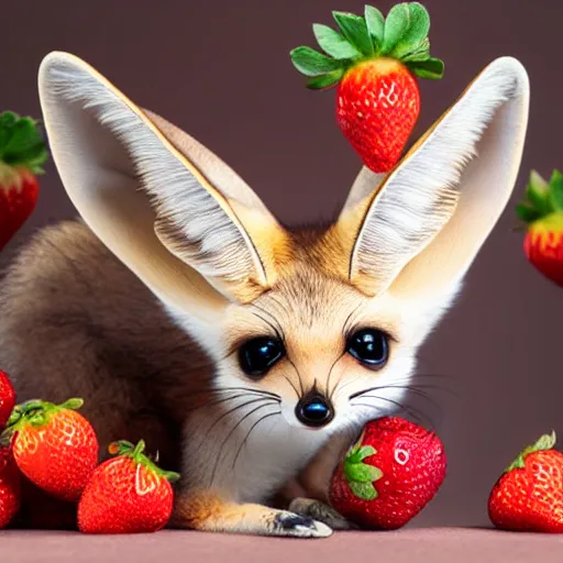 Image similar to baby fennec sneezing on a strawberry, studio photo, droplets, backlit ears