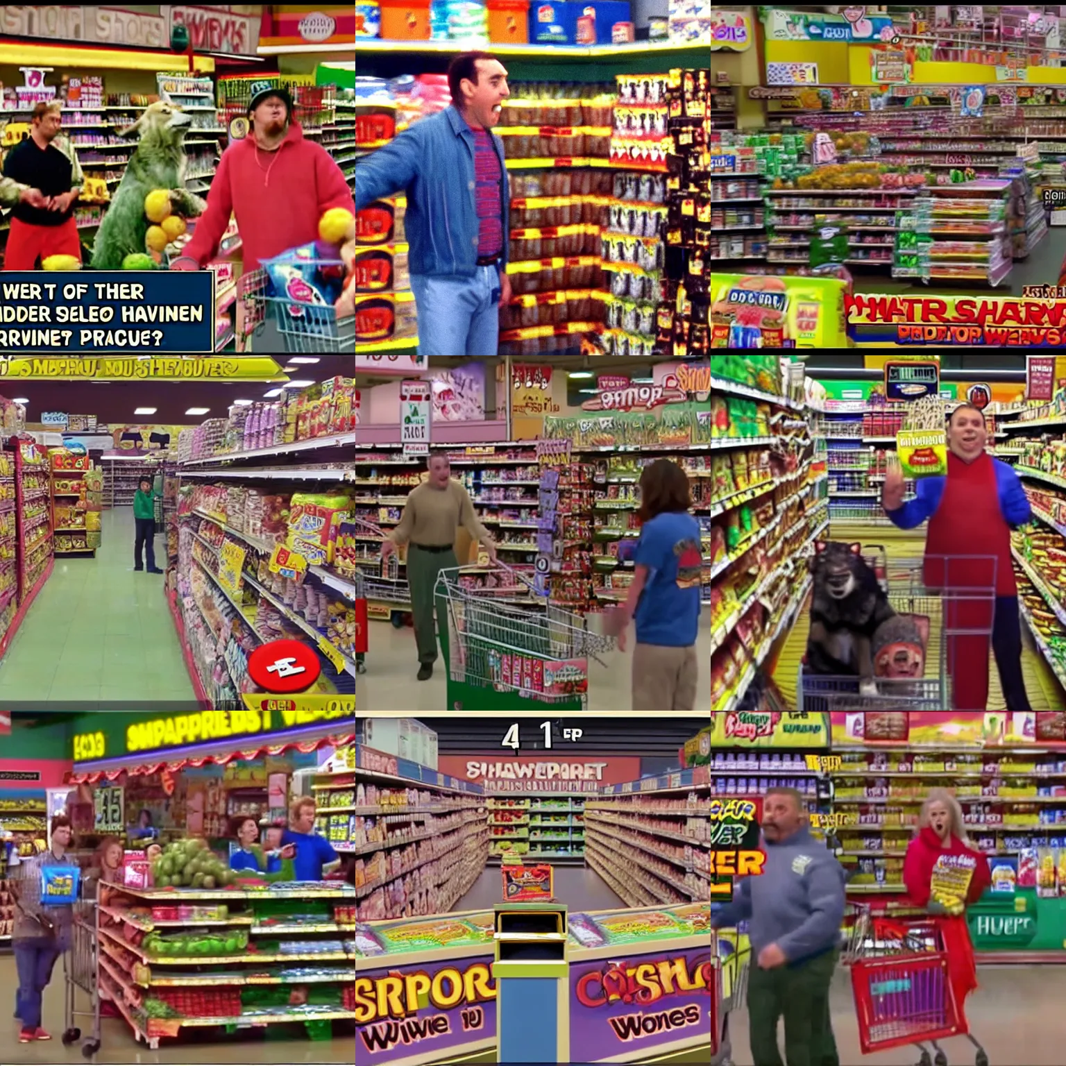 Prompt: A screencap of the episode of Supermarket Sweep where the producers finally decided to release their pack of ravenous angry feral wolves into the store as a surprise challenge. The hunt is on!