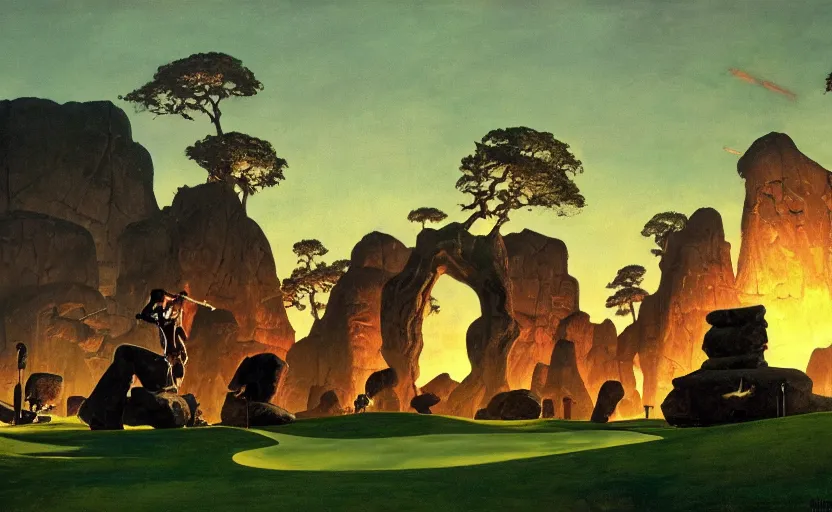 Prompt: golf course scene, surrounded by ancient monoliths with glowing runes. highly detailed science fiction painting by norman rockwell, frank frazetta, and syd mead. rich colors, high contrast, gloomy atmosphere, dark background. trending on artstation