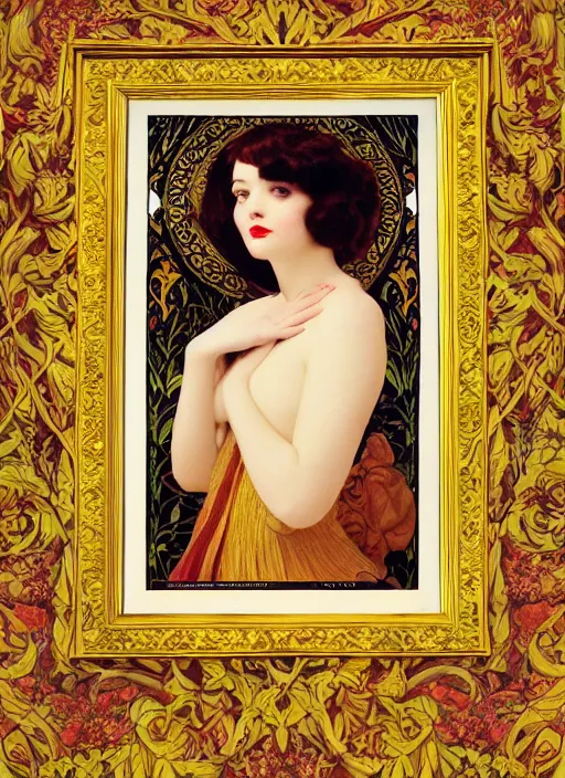 Image similar to masterpiece beautiful seductive curvey pose preraphaelite portrait photography, hybrid of judy garland and zooey deschanel, straight jagged fringe, yellow ochre ornate medieval dress, william morris and kilian eng and mucha, framed, 4 k
