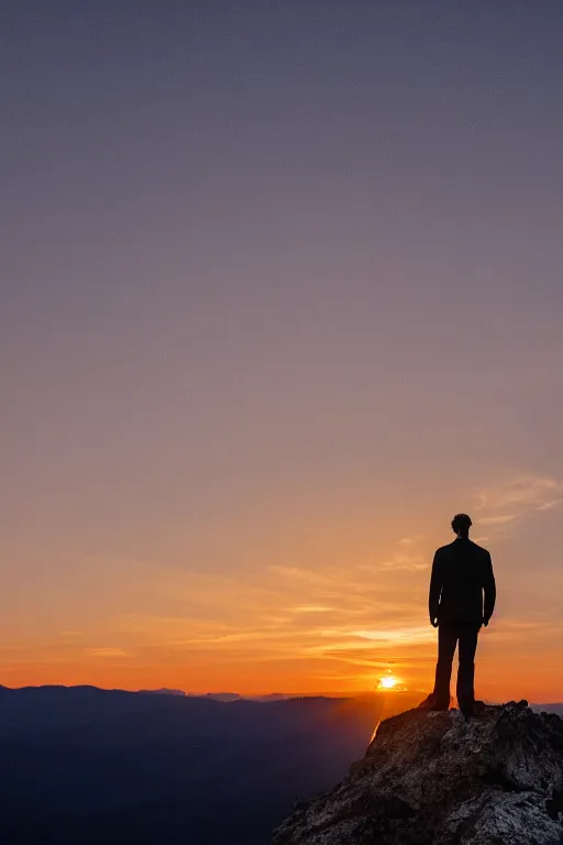 Image similar to a movie still of a man standing on the top of a mountain at sunset, golden hour