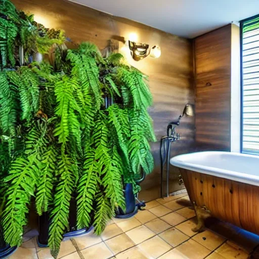 Prompt: an estate agent photo of a steampunk sauna bathroom full of ferns, full of poison dart frogs, unreal engine, renaissance painting