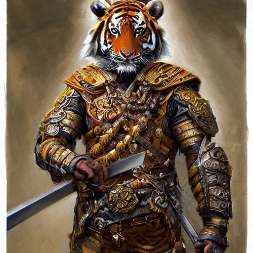 Image similar to Swordman with the head of a tiger wearing an ornate cloak as a fantasy D&D character, portrait art by Donato Giancola and James Gurney, digital art, trending on artstation