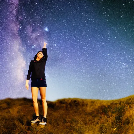 Prompt: photograph of a girl standing on top of a hill against a starry sky