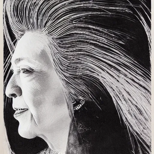 Image similar to Yoshitaka Amano realistic illustration of hillary clinton ,hair fluttering in the wind, cracks on her face wearing Elden ring armour with engraving, abstract black and white patterns on the background, noisy film grain effect, highly detailed, Renaissance oil painting, weird portrait angle, blurred lost edges, three quarter view