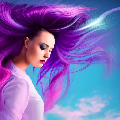 Prompt: a award winning half body portrait of a beautiful woman in a coprtop with a ombre purple pink hairstyle with head in motion and hair flying, outrun, vaporware, vivid colors, highly detailed, fine detail, intricate