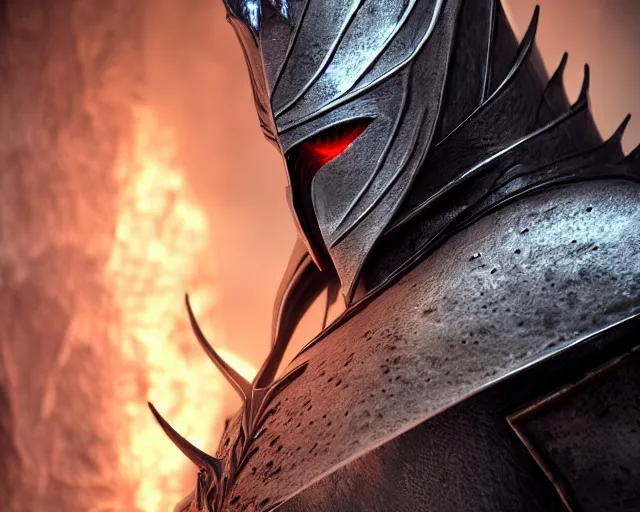 Image similar to a photorealistic 3D render portrait of sauron the dark lord wearing armor made of iron, unreal engine, octane render, cinematic lighting, a sense of evil, hard surface character concept art, dark fantasy character design, hyper realism, high detail, depth of field, stunning vfx, smooth gradients, high contrast, cgsociety