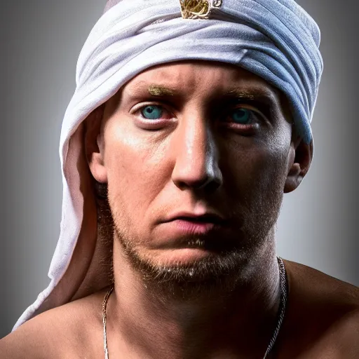 Prompt: Eminem as a Aghori Sadhu, realistic DSLR portrait, 8K