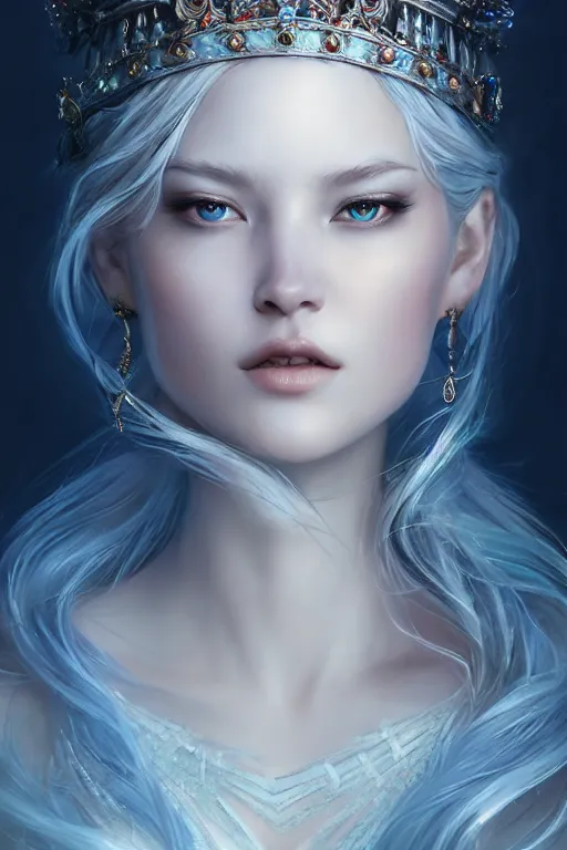 Image similar to a masterpiece ultrarealistic ultradetailed portrait of a very beautiful ice queen, medium shot, intricate, elegant, by stanley artgerm lau, wlop, rossdraws, james jean, andrei riabovitchev, marc simonetti, light by julie bell, porcelain skin. global illumination, vfx