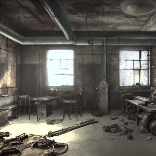 Image similar to fallout concept art building interior render grim realistic lighting unreal engine 5