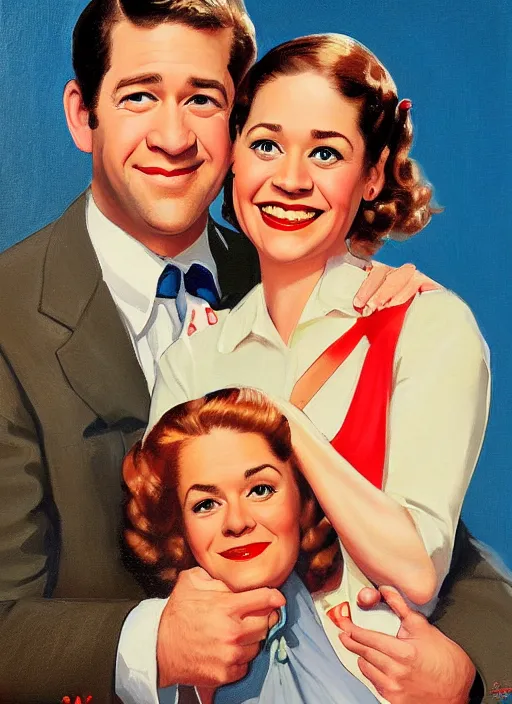 Image similar to portrait painting of jim halpert and pam beesly, happy couple, in the style of gil elvgren