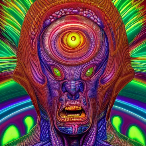 Prompt: photorealistic alien creature as a dmt entity in the style of alex grey and michael whelan. hyperdetailed photorealism, 1 0 8 megapixels, amazing depth, high resolution, 3 d shading, 3 d finalrender, 3 d cinematic lighting, glowing rich colors, psychedelic overtones, artstation concept art.