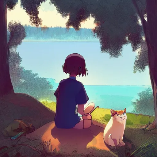 Image similar to girl sitting by the lake with her cat, sunshine, studio ghibli, trending on artstation