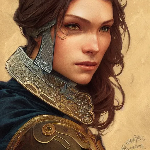 Image similar to portrait of an adventurer, elegant, intricate, headshot, D&D, fantasy, highly detailed, digital painting, artstation, concept art, sharp focus, illustration, art by artgerm and greg rutkowski and alphonse mucha