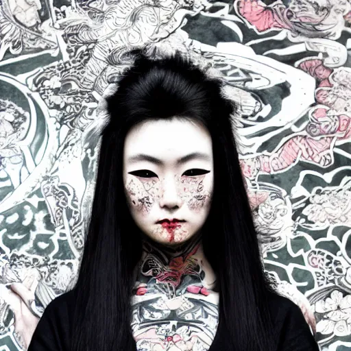 Image similar to japanese gothic model with maximalist hair style and kanji tattoos, dark colors, fashion model, portrait shot, depth of field, 8 k, hyper detailed, intricate, trending on artstation