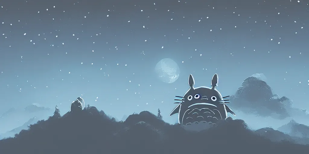 Prompt: glowing wireframe totoro, mountain landscape, night sky, digital art, digital painting, celestial