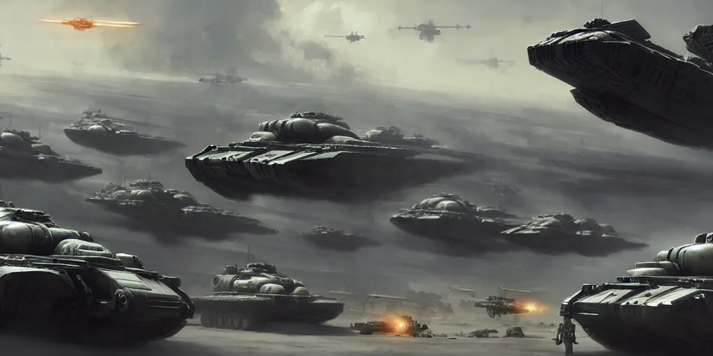 Prompt: hyper realistic sci - fi matte concept art painting of a low flying spaceship over a battlefield filled with tanks, mecha and transports, beautiful details, strong composition painted by kim jung guweta studio rutkowski, james gurney and greg rutkowski, and lucasfilm, smooth, intricate, detailed, sharp focus, cinematic