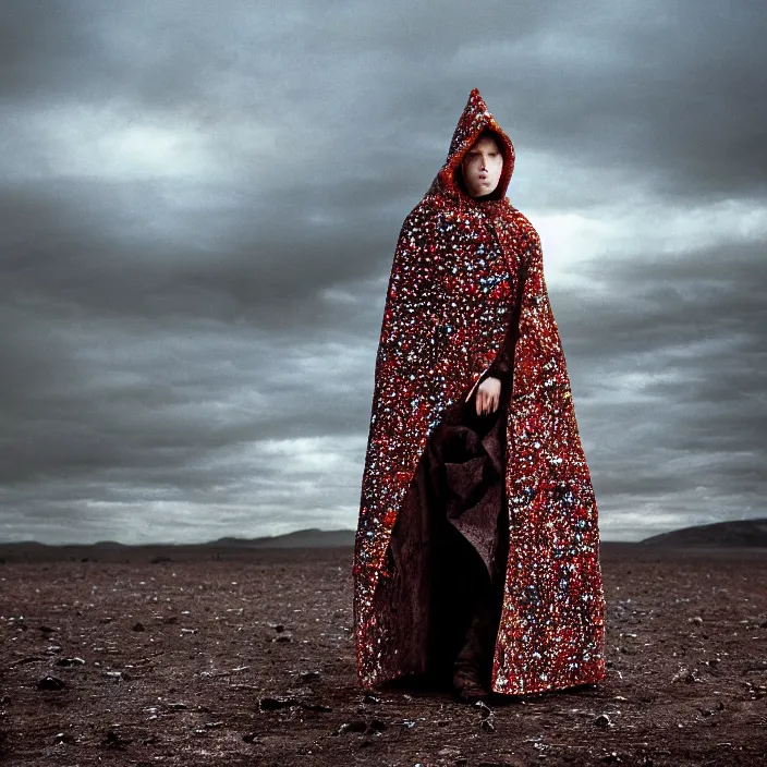 Image similar to closeup portrait of a woman with a hood made of paper and sprinkles, standing in a desolate apocalyptic landscape, by Annie Leibovitz and Steve McCurry, natural light, detailed face, CANON Eos C300, ƒ1.8, 35mm, 8K, medium-format print