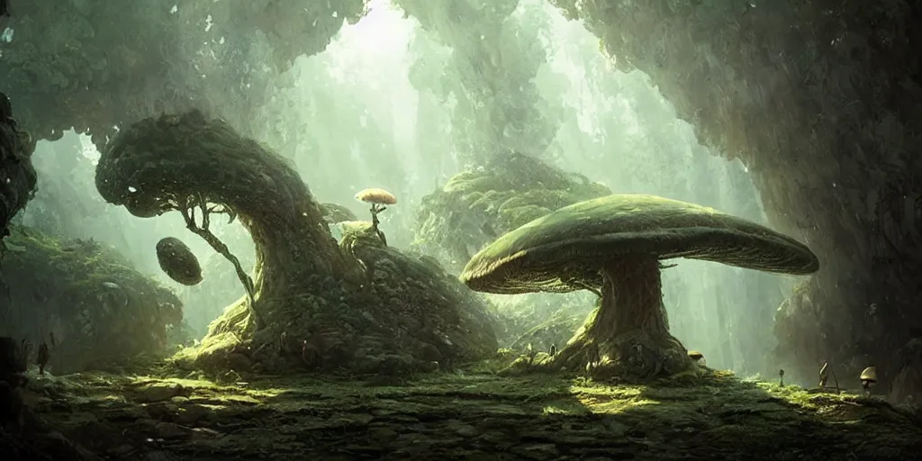 Image similar to an enormous mushroom grows in an eery cave, fantasy, magical lighting, Greg Rutkowski and Studio Ghibli and Ivan Shishkin