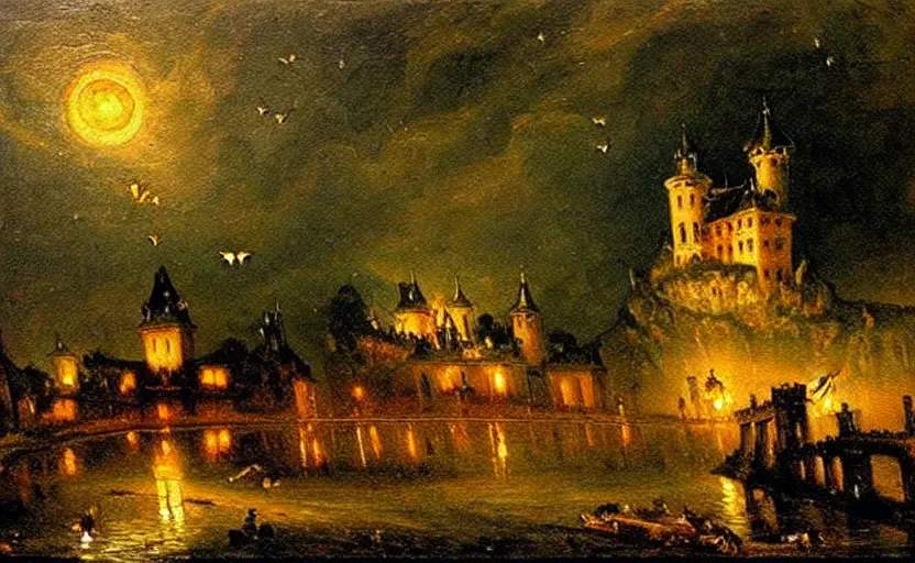 Image similar to oil painting by karl bryullov, french gothic burning! castle at night, bats flying away from castle, blur, bokeh