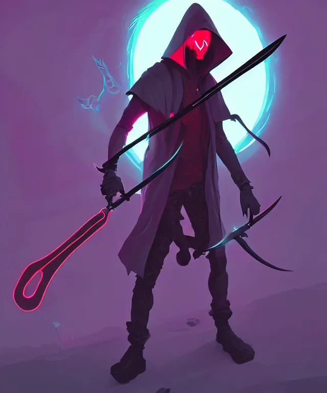 Image similar to a portrait of a hooded neon grimm reaper holding a single scythe, fantasy, elegant, digital painting, artstation, concept art, matte, sharp focus, illustration, art by josan gonzalez